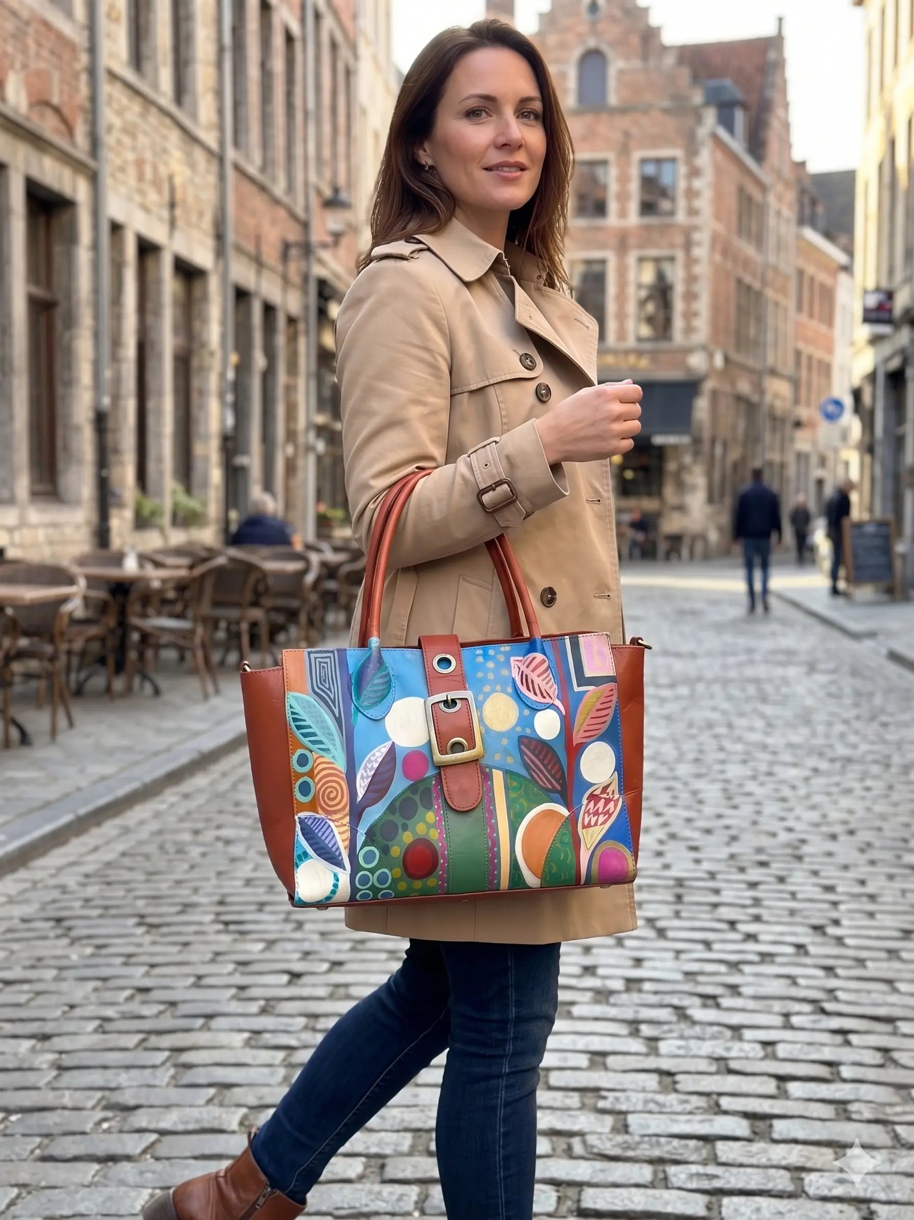 Duża torba szoperka ręcznie malowana – stan idealny | 100% skóra naturalna | Autentyczna Hand Made