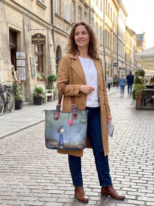 Duża torebka szoperka – ręcznie malowana | stan idealny | 100% skóra naturalna Hand Made