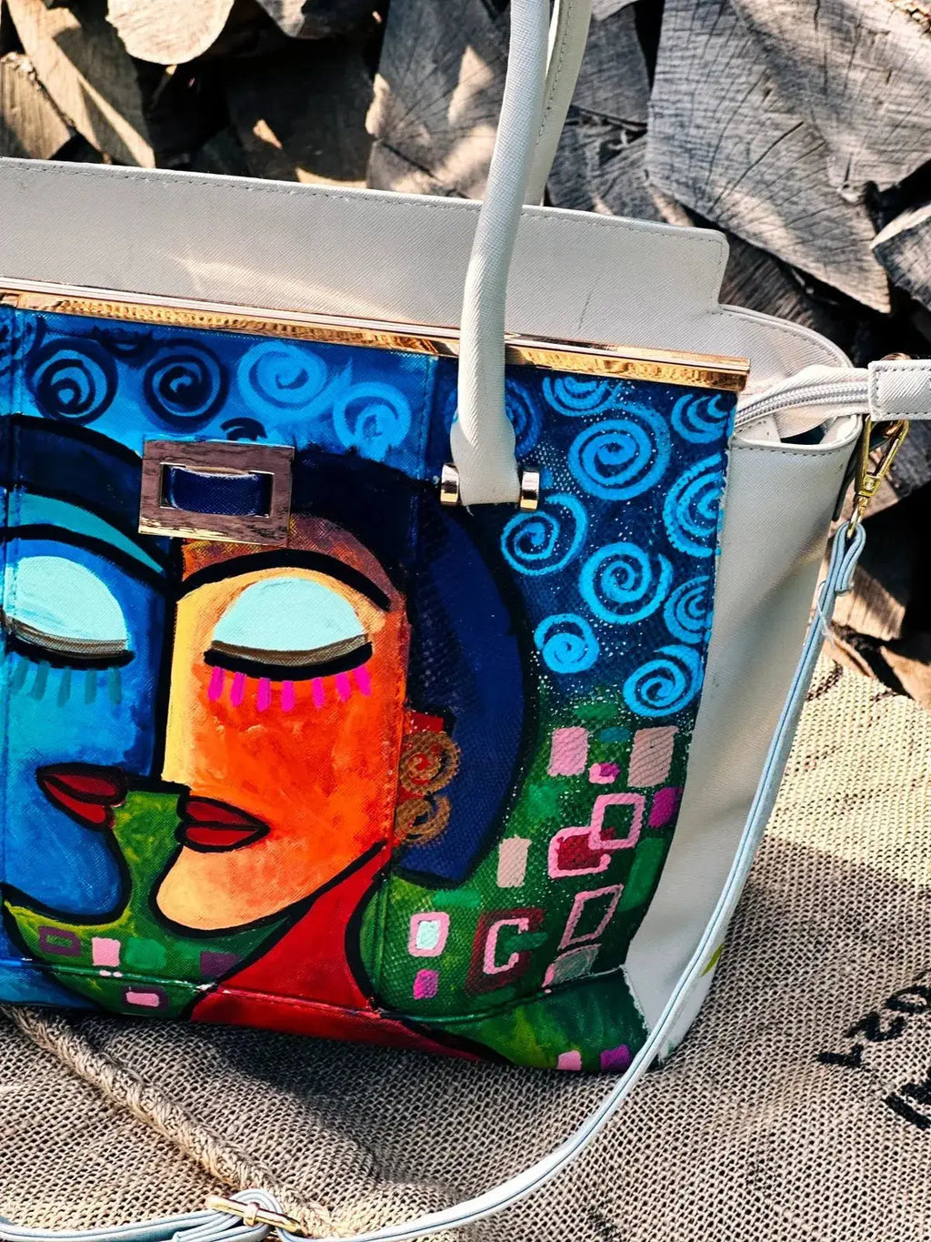 Duża torba szoperka ręcznie malowana – stan idealny | 100% skóra naturalna | Autentyczna - karenlike.com