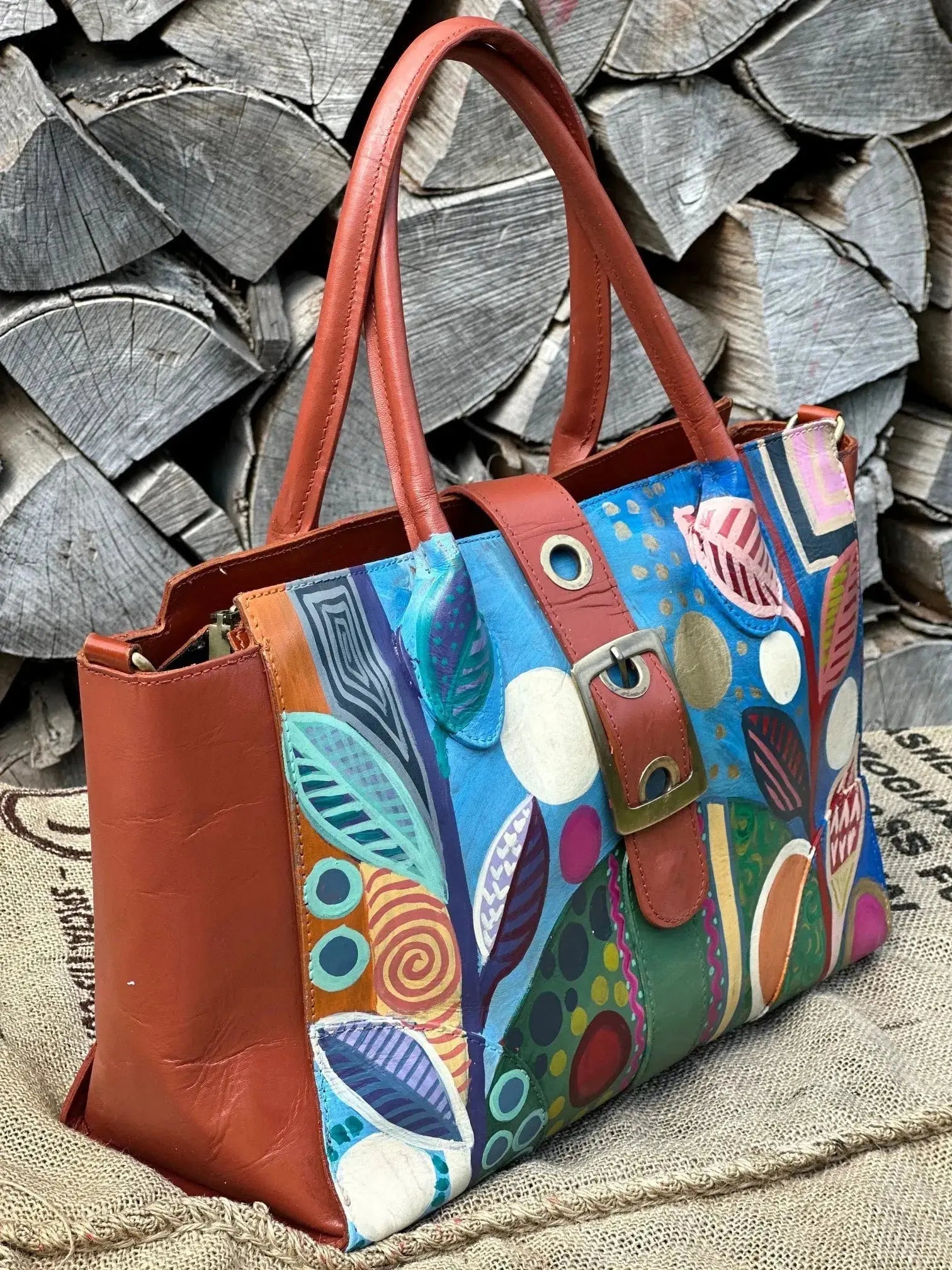 Duża torba szoperka ręcznie malowana – stan idealny | 100% skóra naturalna | Autentyczna - karenlike.com
