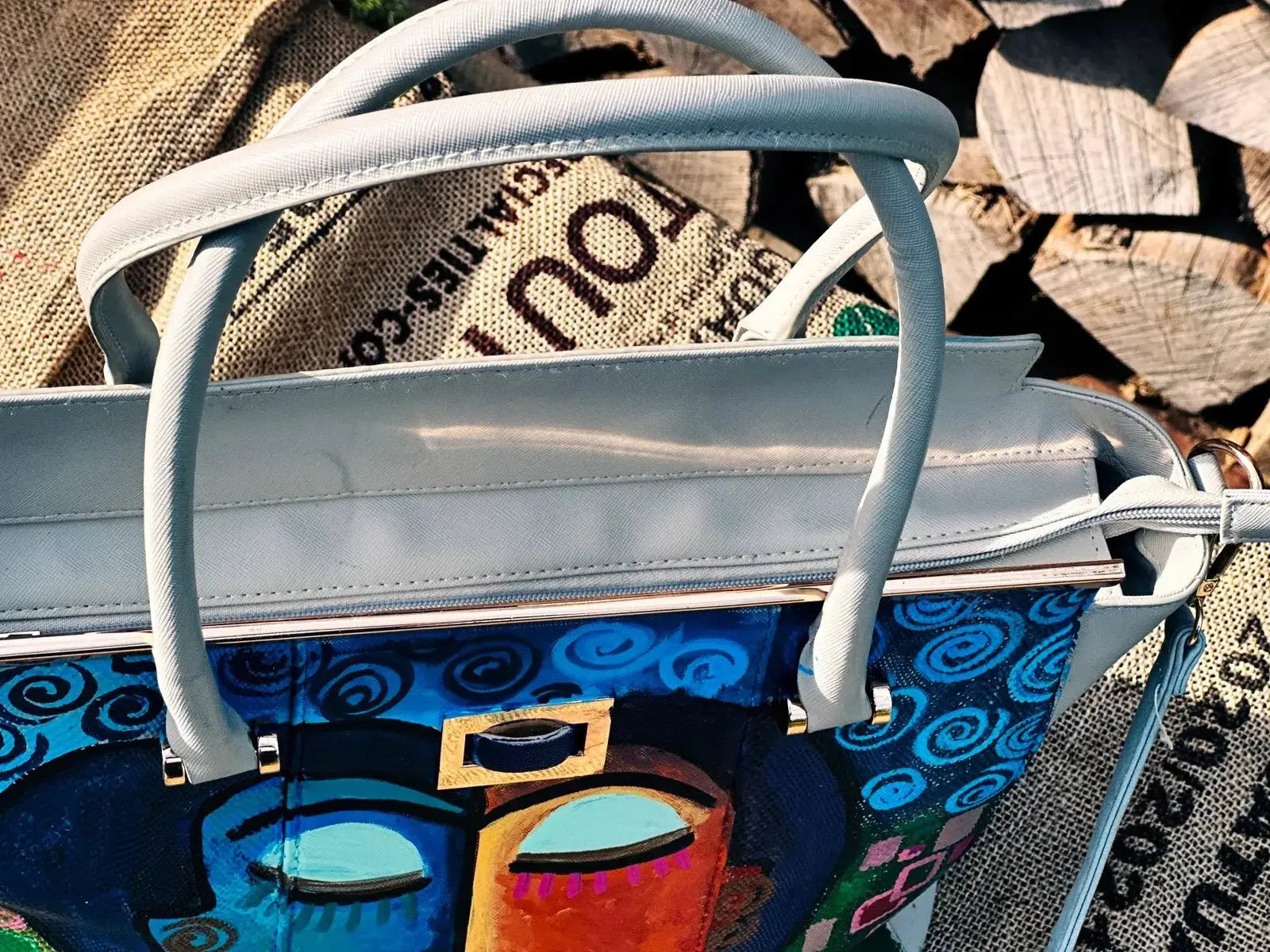 Duża torba szoperka ręcznie malowana – stan idealny | 100% skóra naturalna | Autentyczna - karenlike.com