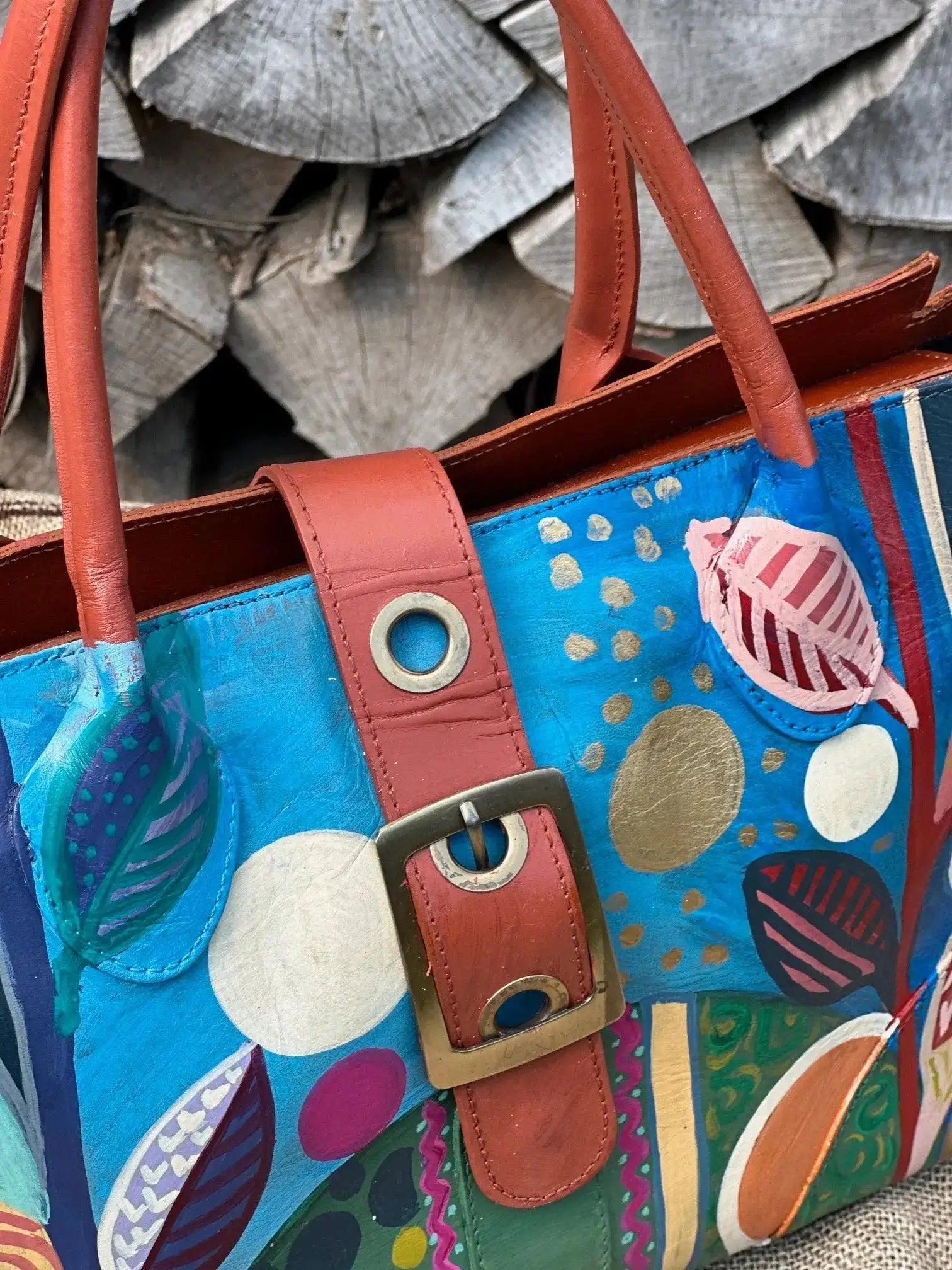 Duża torba szoperka ręcznie malowana – stan idealny | 100% skóra naturalna | Autentyczna - karenlike.com