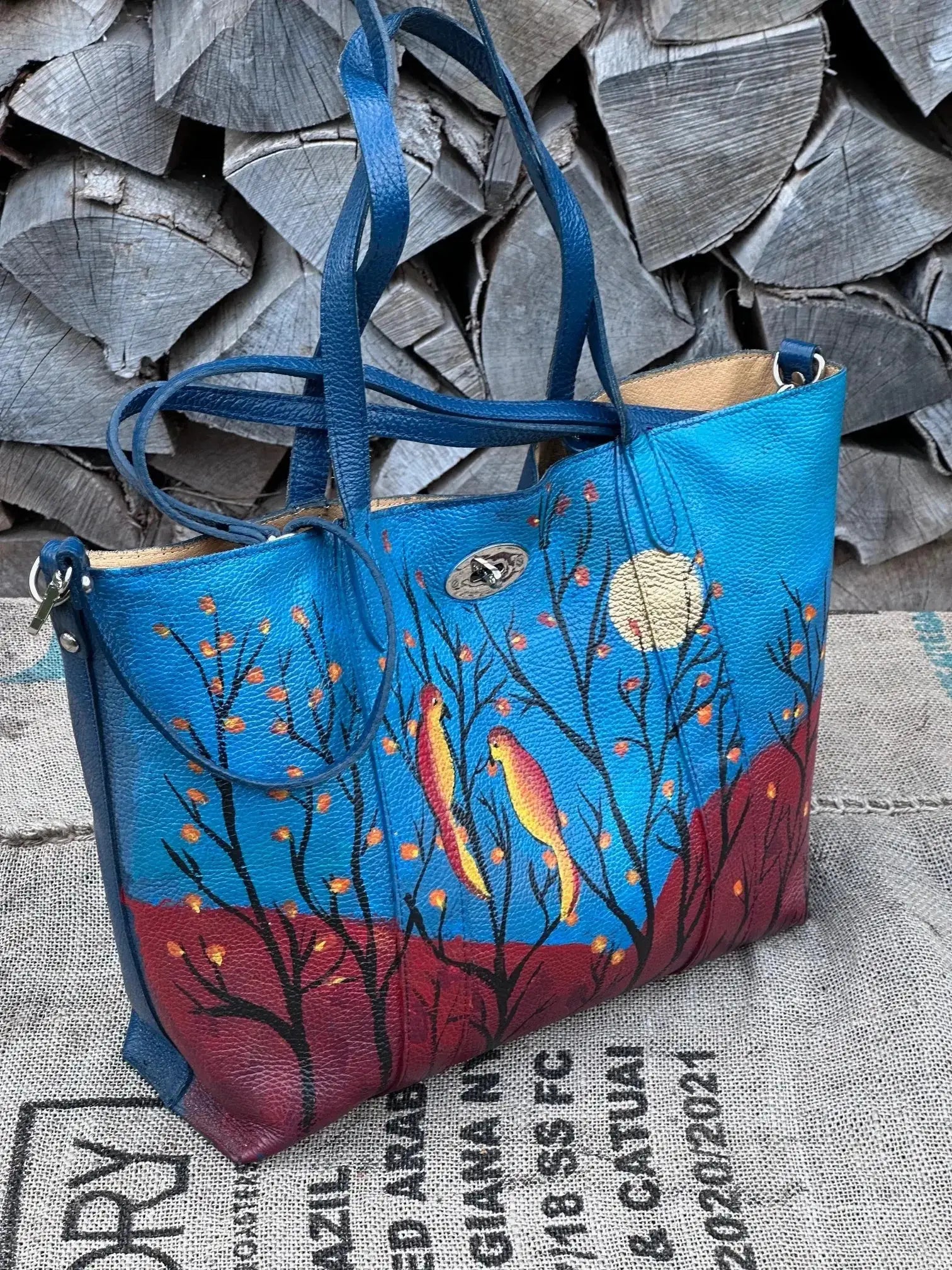 Duża torebka szoperka – ręcznie malowana | stan idealny | 100% skóra naturalna - karenlike.com