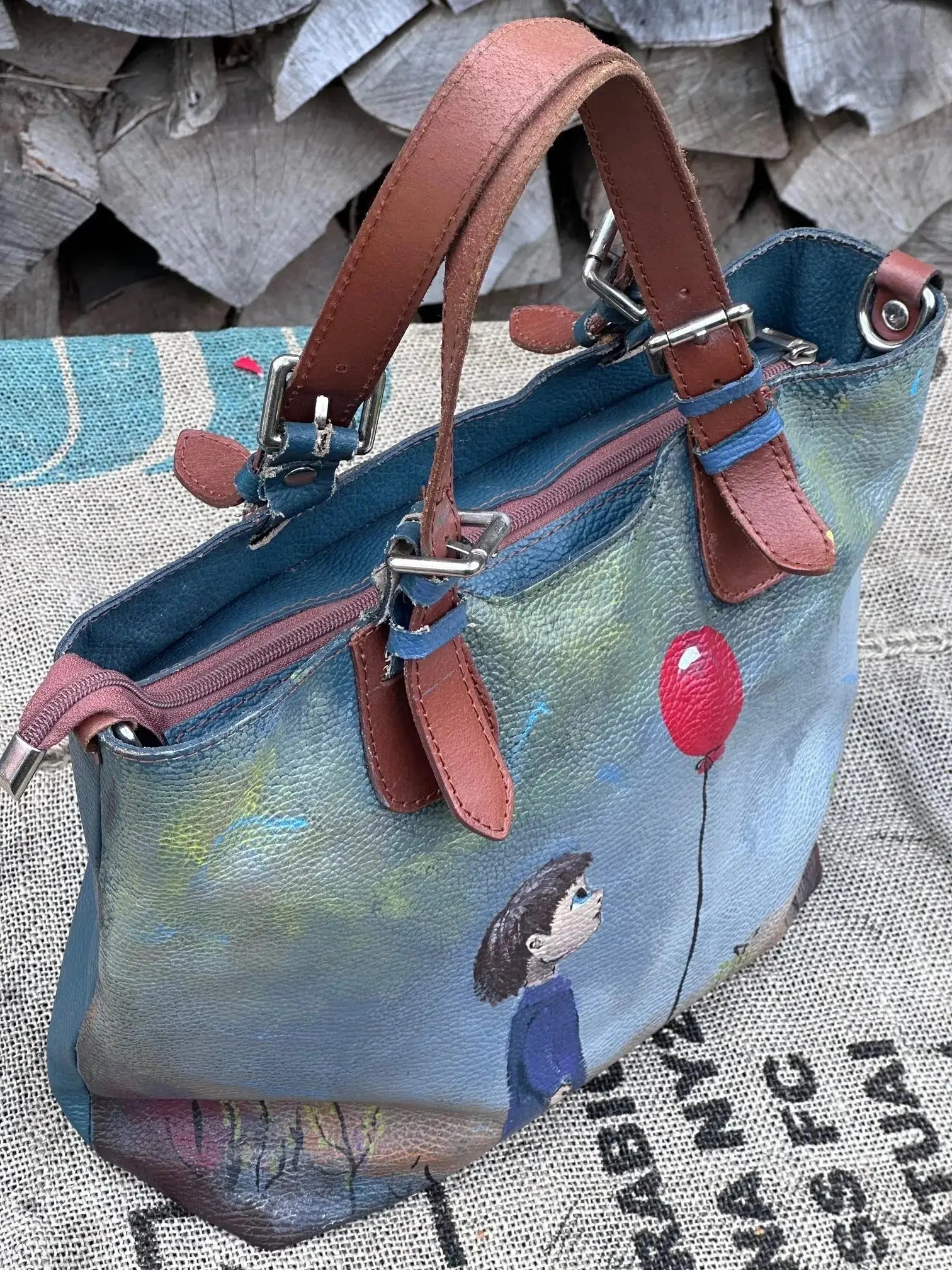 Duża torebka szoperka – ręcznie malowana | stan idealny | 100% skóra naturalna - karenlike.com